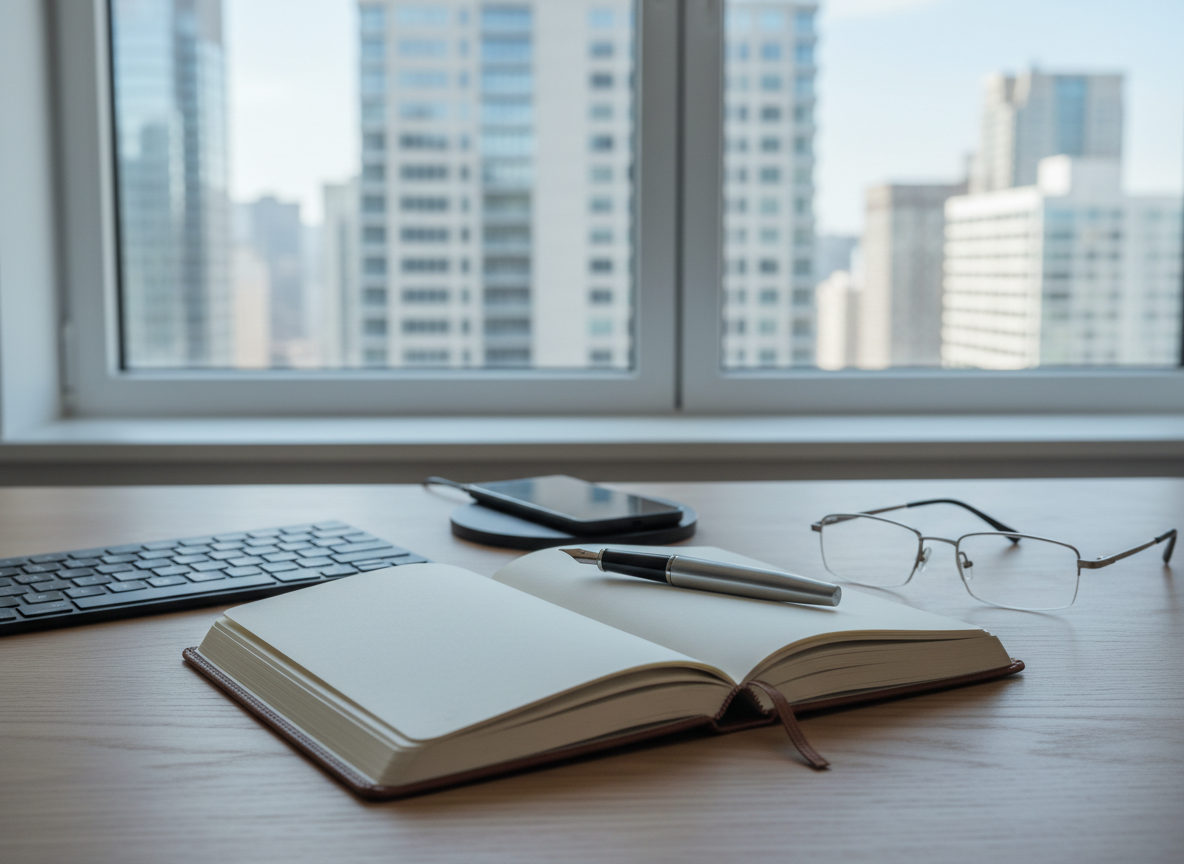 A sophisticated “about me” desk vignette symbolizing a candidate ready to be hired. In the foreground, an elegant leather-bound notebook lies open with clean, blank pages, flanked by a minimalist black keyboard and a pair of modern, frameless glasses. A smartphone with a dark, inactive screen rests on a slim charging pad, suggesting responsiveness and availability. The scene is set on a light oak desk near a large window overlooking a softly blurred city skyline. Cool, diffused daylight fills the room, creating a calm, focused atmosphere. Photographic realism with a slightly elevated angle and balanced composition, emphasizing order, clarity, and opportunity, with sharp focus on the objects and gentle bokeh in the background.