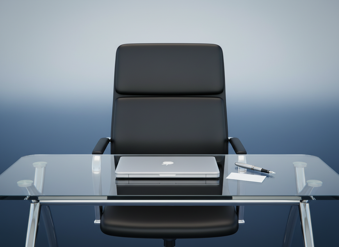 A close-up, symbolic “professional headshot” without a person, using objects to stand in for identity and expertise. Center frame, a minimalist black office chair with clean lines and subtle stitching faces the camera, positioned behind a streamlined glass desk. On the desk sit a closed laptop, a refined metal pen, and a single, neatly aligned business card turned blank-side up so no text is visible. The background is a softly blurred gradient wall in cool gray and deep blue tones. Gentle, diffused studio lighting from both sides creates even illumination with mild highlights along the chair’s edges. Photographic realism at eye level with a shallow depth of field, evoking presence, professionalism, and availability for hire without depicting any human figure.