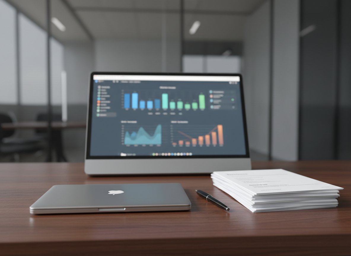 A sleek, modern workspace designed to represent a highly employable professional. A slim, closed laptop with a brushed aluminum finish sits centered on a dark walnut desk, beside a neat stack of resumes printed on crisp white paper and a fine black metal pen. Behind, a large, high-resolution monitor displays an abstract dashboard of blurred charts and timelines, suggesting productivity without readable text. Soft studio lighting from the left creates gentle reflections on the metal surfaces and subtle shadows along the desk edge. The background is a tastefully out-of-focus office with glass partitions and muted gray tones. Photographic realism, shot at eye level with a shallow depth of field, conveying readiness, reliability, and polished professionalism.