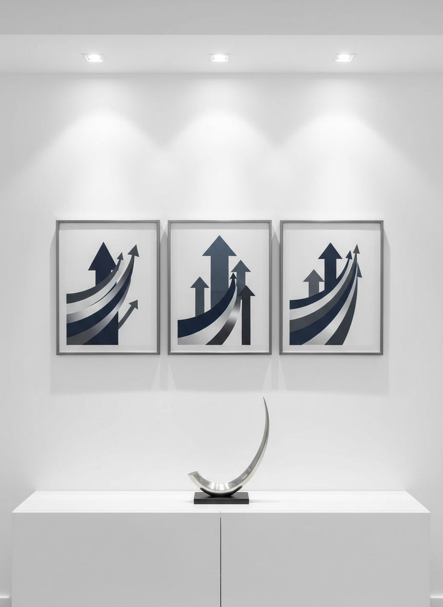 An abstract, text-free representation of career opportunity and growth on a clean office wall. A series of framed, minimalist prints display upward-moving geometric shapes in deep navy, charcoal, and subtle metallic silver, hinting at rising graphs and progress without literal data. Below, a low, white console holds a single sculptural metal object shaped like an ascending curve. Soft, indirect lighting from a hidden ceiling source casts delicate gradients across the wall, enhancing the artwork’s dimensionality. Photographic realism, captured straight-on with meticulous symmetry and sharp focus. The mood is aspirational and forward-looking, ideal for a professional personal site about being available for hire and open to new challenges.