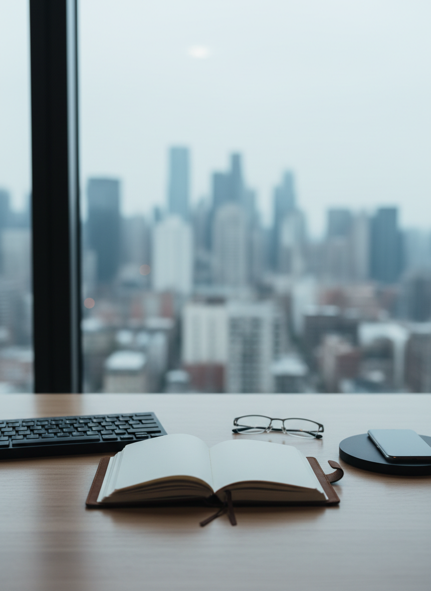 A sophisticated “about me” desk vignette symbolizing a candidate ready to be hired. In the foreground, an elegant leather-bound notebook lies open with clean, blank pages, flanked by a minimalist black keyboard and a pair of modern, frameless glasses. A smartphone with a dark, inactive screen rests on a slim charging pad, suggesting responsiveness and availability. The scene is set on a light oak desk near a large window overlooking a softly blurred city skyline. Cool, diffused daylight fills the room, creating a calm, focused atmosphere. Photographic realism with a slightly elevated angle and balanced composition, emphasizing order, clarity, and opportunity, with sharp focus on the objects and gentle bokeh in the background.