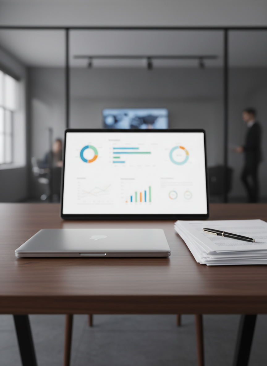A sleek, modern workspace designed to represent a highly employable professional. A slim, closed laptop with a brushed aluminum finish sits centered on a dark walnut desk, beside a neat stack of resumes printed on crisp white paper and a fine black metal pen. Behind, a large, high-resolution monitor displays an abstract dashboard of blurred charts and timelines, suggesting productivity without readable text. Soft studio lighting from the left creates gentle reflections on the metal surfaces and subtle shadows along the desk edge. The background is a tastefully out-of-focus office with glass partitions and muted gray tones. Photographic realism, shot at eye level with a shallow depth of field, conveying readiness, reliability, and polished professionalism.