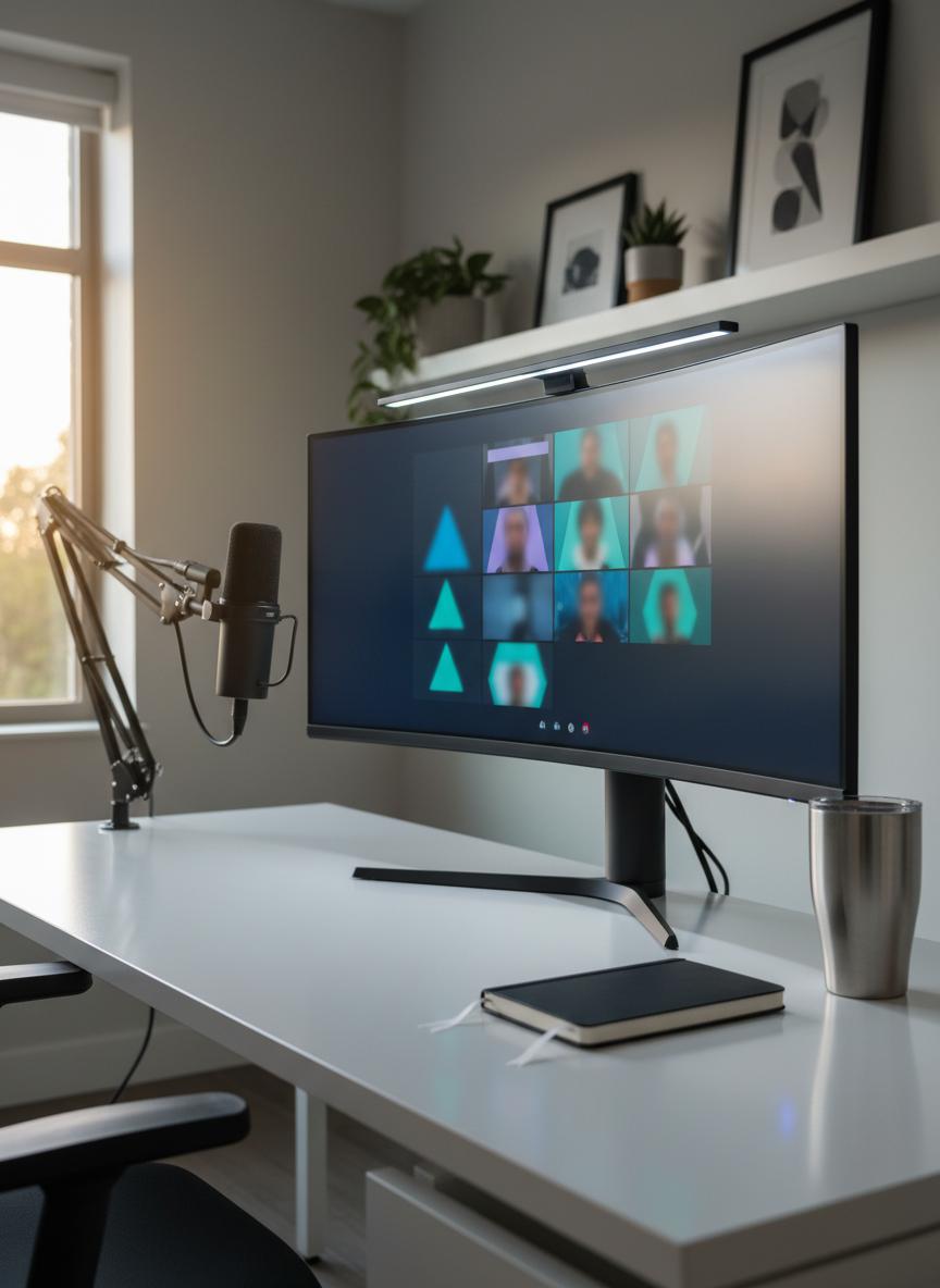 A polished, professional home office scene that conveys reliability and remote-readiness. A large ultrawide monitor dominates a tidy white desk, displaying an intentionally blurred video call interface with abstract shapes instead of faces, avoiding any human subjects. A high-quality condenser microphone on a sleek boom arm, a closed notebook with a satin ribbon marker, and a stainless-steel insulated mug add detail and texture. Cool, balanced LED lighting mixes with faint late-afternoon daylight from a side window, creating soft shadows and clear reflections on the desk surface. Photographic realism shot at a three-quarter angle, with moderate depth of field to keep the entire workspace sharp. The atmosphere is competent, calm, and business-focused, perfect for signaling “I’m ready to work.”