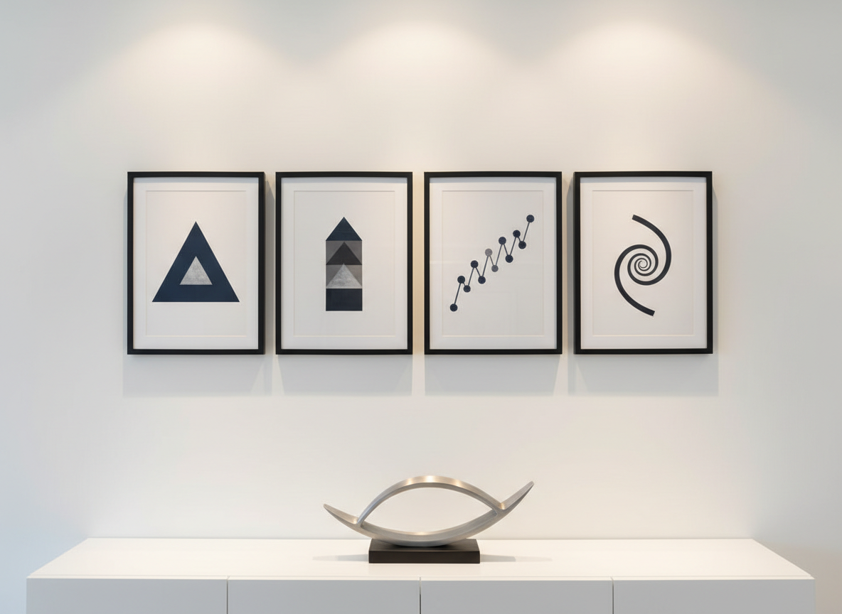 An abstract, text-free representation of career opportunity and growth on a clean office wall. A series of framed, minimalist prints display upward-moving geometric shapes in deep navy, charcoal, and subtle metallic silver, hinting at rising graphs and progress without literal data. Below, a low, white console holds a single sculptural metal object shaped like an ascending curve. Soft, indirect lighting from a hidden ceiling source casts delicate gradients across the wall, enhancing the artwork’s dimensionality. Photographic realism, captured straight-on with meticulous symmetry and sharp focus. The mood is aspirational and forward-looking, ideal for a professional personal site about being available for hire and open to new challenges.